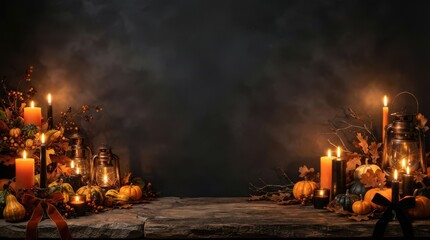 Fototapeta premium Burning candles and autumn pumpkins on a dark rustic wooden table
