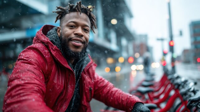 A man with stylish dreadlocks smiles brightly while wearing a red jacket, capturing the essence of joy during a snowy day in an urban environment.