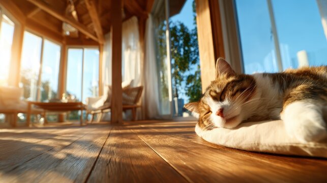A peaceful cat snoozing in a sunlit corner of a cozy room, embodying relaxation and tranquility, perfect for cat lovers and those seeking calmness in home life.