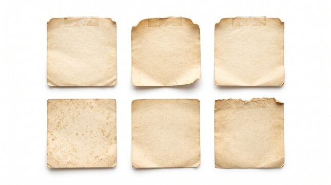 Collection of six vintage aged paper scraps with adhesive tape marks and weathered textures isolated on white. Antique yellowed parchment notes for junk journal scrapbooking and retro design.