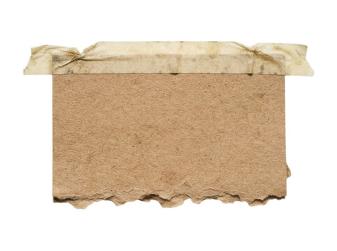 Rectangular piece of brown cardboard paper with torn edges secured with aged tape isolated on transparent background