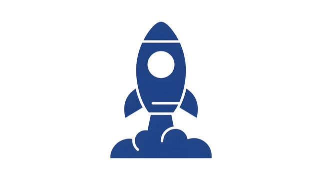 Blue rocket ship icon featuring flat minimalist vector design style for representing startup business growth and technological advancement isolated on clean white background simple graphic