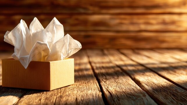 A minimalist close-up of a tissue box with beautifully folded tissues, resting on a rustic wooden table, exuding a sense of simplicity and practicality in everyday life.