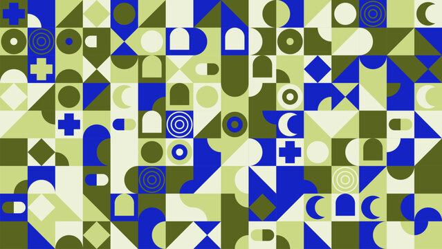 Abstract geometric pattern with blue and green shapes in retro Bauhaus style