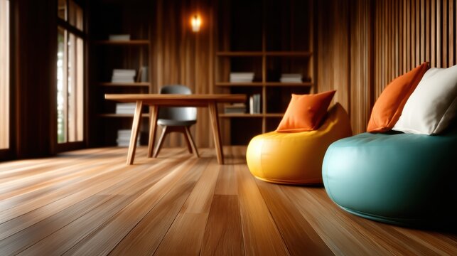 A contemporary interior showcasing cozy bean bag chairs and a stylish wooden table, creating an inviting atmosphere that balances comfort and modern design aesthetics.