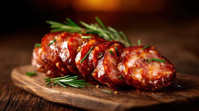 A rustic presentation of perfectly sliced sausage garnished with fresh herbs on a wooden board, highlighting culinary craftsmanship and delicious flavors.
