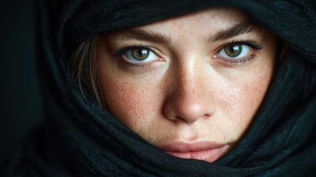 A striking portrait of a woman with deep-set eyes enveloped in a black scarf, projecting an aura of mystery and intrigue while capturing the complexities of human emotions.