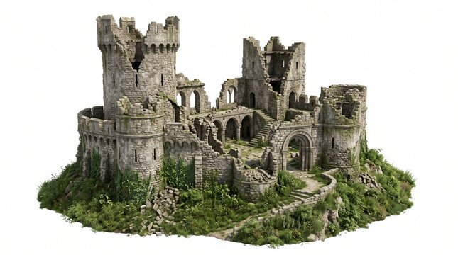 Detailed 3D model of ancient stone castle ruins on a grassy hill with a winding path