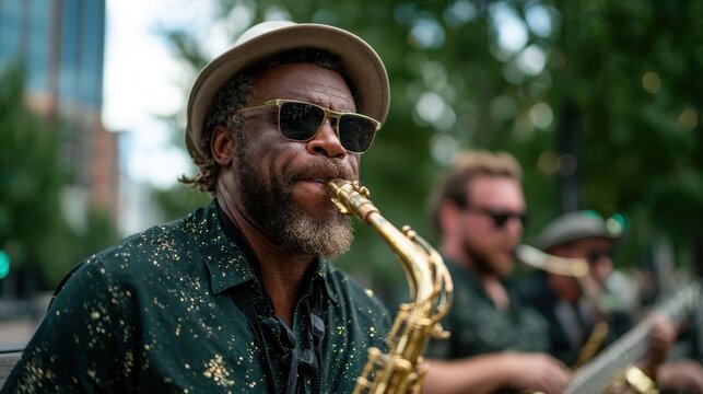 A talented saxophonist captivates listeners in an outdoor park setting while playing his instrument, highlighting the celebration of music and community spirit.