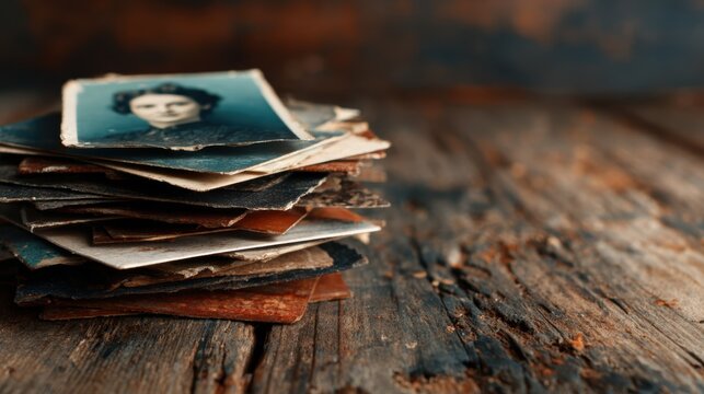 A nostalgic stack of old, faded photographs rests on a weathered wooden surface, capturing timeless moments and the essence of cherished memories.