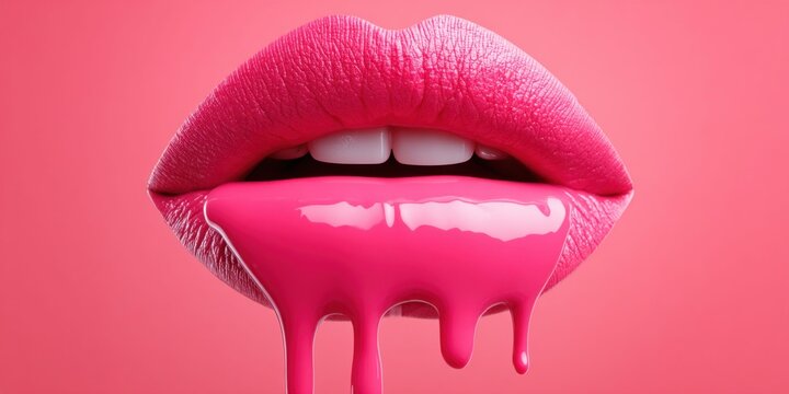 Vibrant pink lips with glossy liquid dripping down against a solid pink background