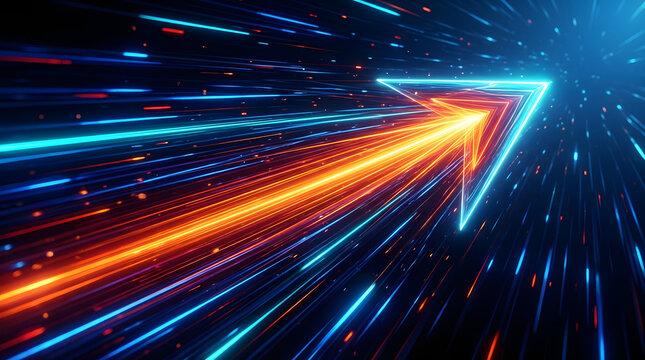 An illustration of a futuristic arrow glowing in neon blue and orange, darting through dark space with a dynamic light trail, symbolizing speed, technology, and digital advancement.