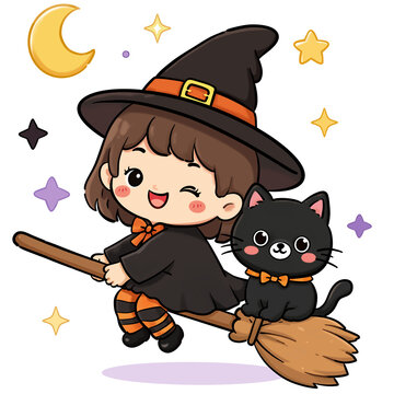 Cute little witch girl flying on broomstick with black cat halloween cartoon vector illustration isolated on white background