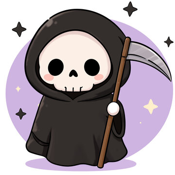 Cute chibi grim reaper character holding scythe cartoon vector illustration for halloween set isolated on white background