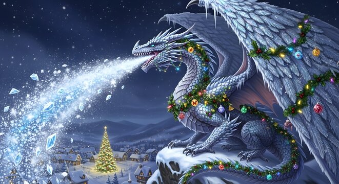 Frost dragon exhaling ice during winter night with decorated tree and festive lights