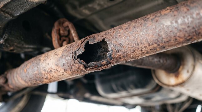 Rusty exhaust pipe with a hole seen from underneath a vehicle  