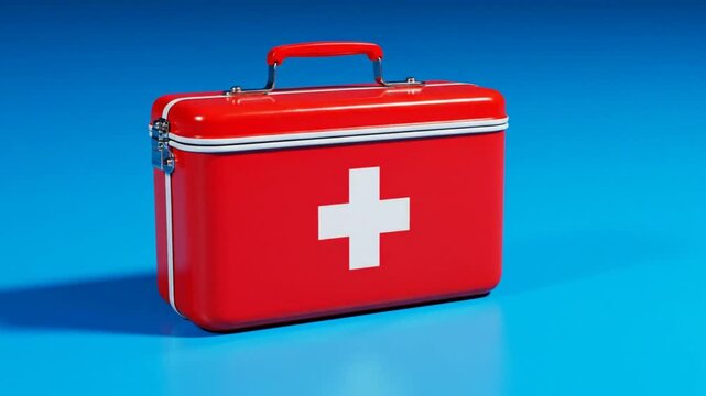 Red first aid kit with white cross and silver metal handle resting on a blue background