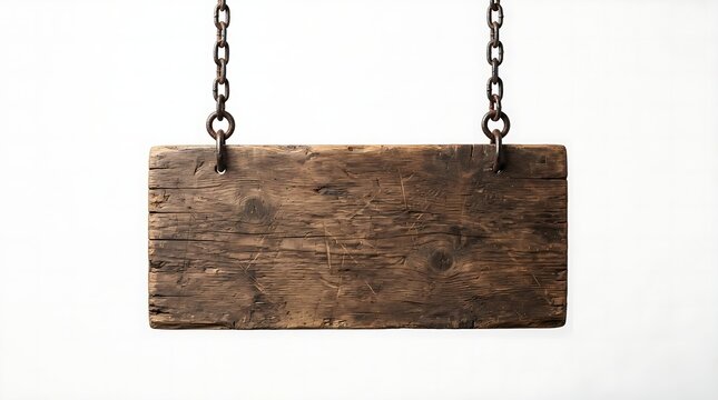 Empty weathered wooden sign hanging from two black metal chains for information display or rustic store branding