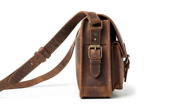 A stylish brown leather shoulder bag with a long adjustable strap for men or women to carry personal belongings