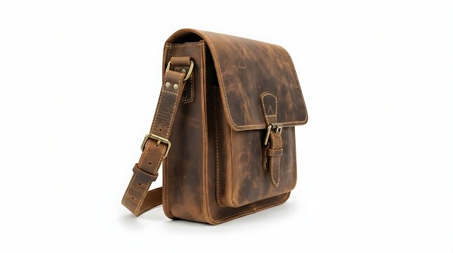 Vintage style brown leather shoulder bag with buckle strap closure for daily travel or professional work use