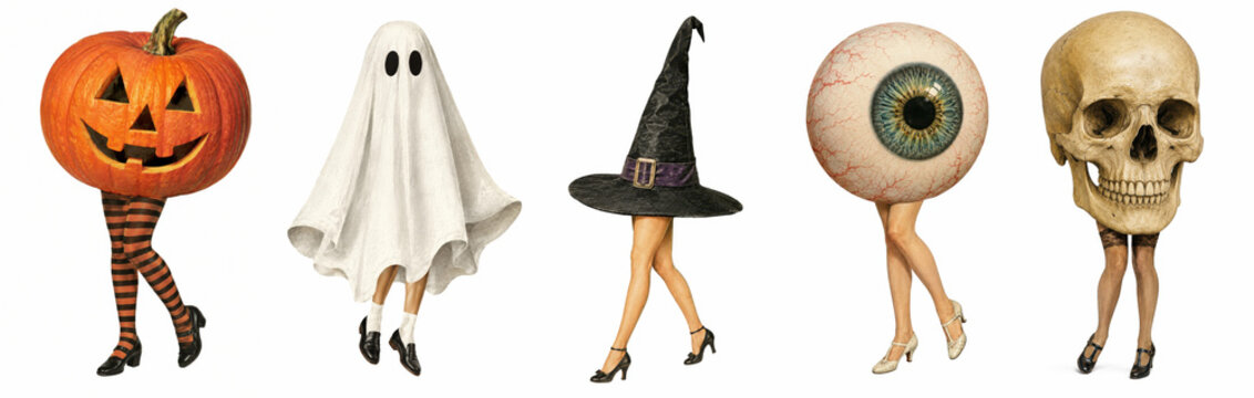 Halloween party and spooky season celebration. Carved pumpkin, sheet ghost, witch hat, eyeball and skull on walking legs in striped stockings and heels, isolated on white