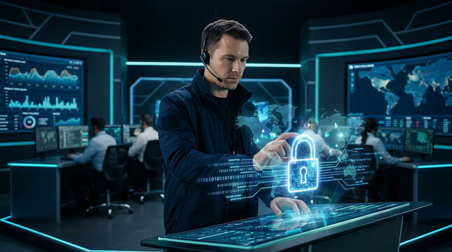 Man in control room interacting with holographic padlock security interface during data analysis