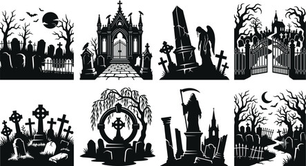 Fototapeta premium Halloween cemetery silhouette collection with haunted graves, gothic church, tombstones, gates, crosses, and spooky trees