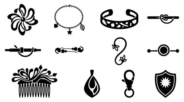Set of jewelry silhouettes vector collection, ornamental fashion accessories charm bracelet hair comb clasp and pendant icon set isolated on white background
