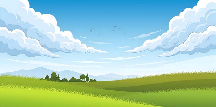 Rolling green hills landscape with fluffy white clouds and blue sky vector background