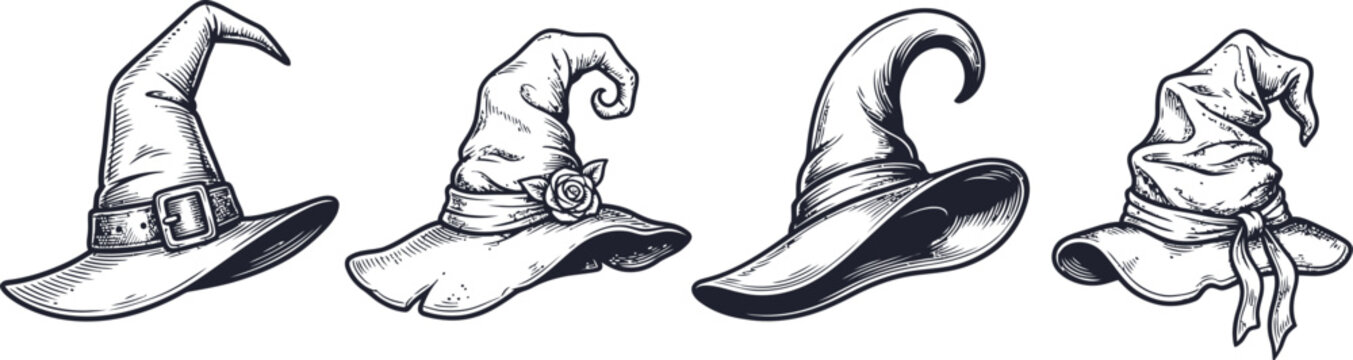 Witch hats set vintage magical wizard hat collection vector illustration

