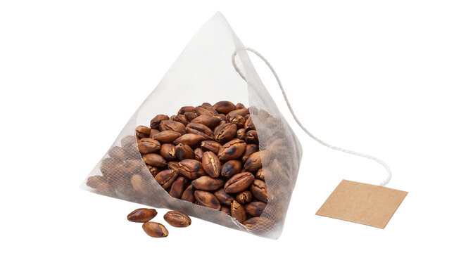 Pyramid tea bag with roasted barley grains, herbal infusion sachet for brewing, natural cereal tea bag with brown paper tag isolated PNG with Transparent Background