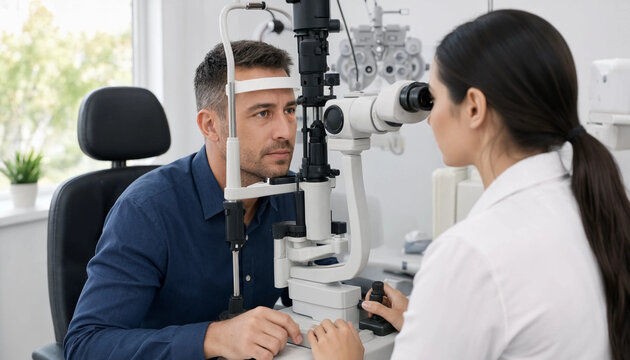 Optometrist performing eye examination on male patient using slit lamp equipment in a medical office with eye exam vision test doctor office eye care modern clinic health check eyesight