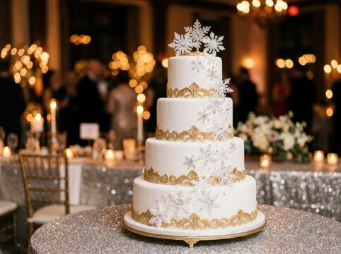 Elegant fourtier wedding cake with gold filigree and snowflakes