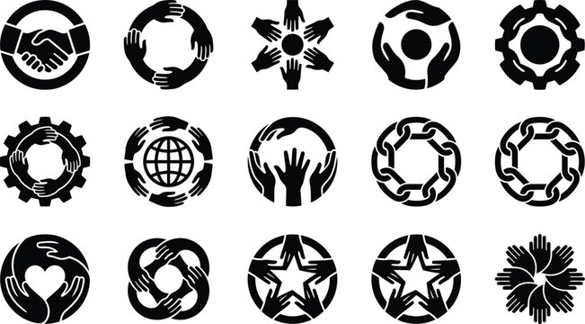 Collection of black and white vector icons featuring human hands forming circles and various abstract unity symbols