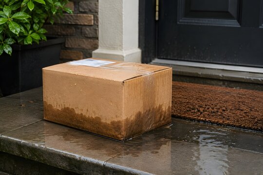 Wet cardboard package left on doorstep after rain