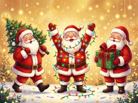 Three cheerful santa clauses celebrating christmas with a tree, lights, and a gift
