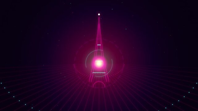 Neon Paris Landmark with Glowing Pink Lines and Futuristic Synthwave Perspective Grid