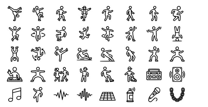 Hip hop dance poses street dancer editable thin line vector icon set