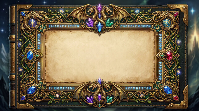ornate ancient dragon book frame with colorful gemstones and mystical runes for fantasy game interface or journal.