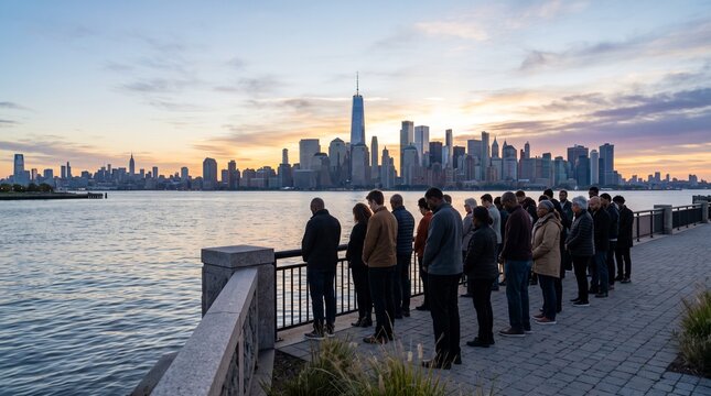 Diverse group of adults standing together by the water at sunrise overlooking September 11 attacks, 911. Twin Towers of the World Trade Center