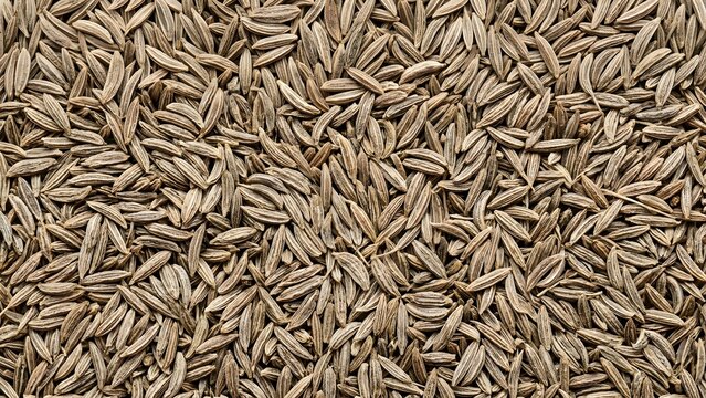 Close-up texture of dried cumin seeds filling the frame, natural brown organic spice background
