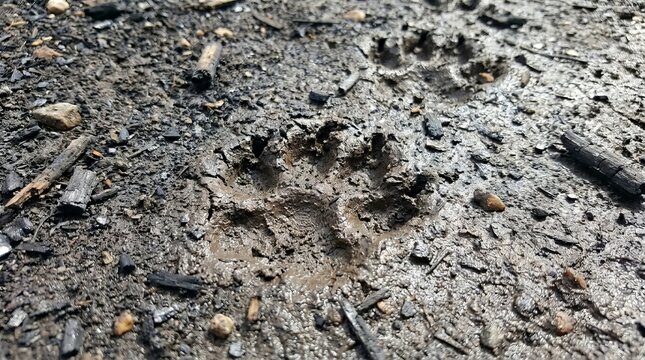 Animal paw prints pressed into wet, dark dirt.