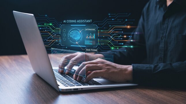 Sentiment analysis concept with hand typing on laptop and AI opinion mining icons