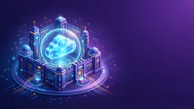 Digital cloud fortress protected by technology and data, abstract concept