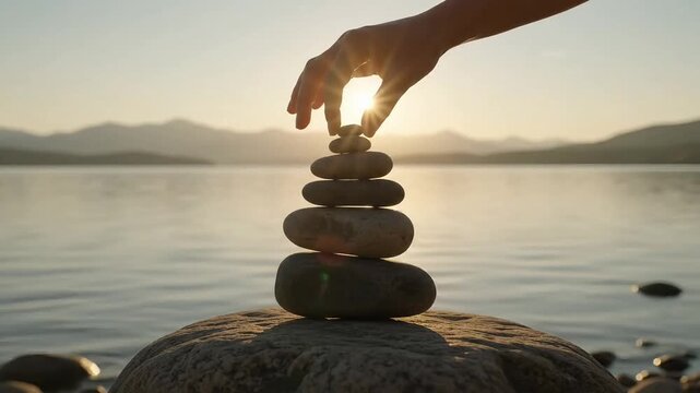 Person balancing stones by a serene lake at sunset