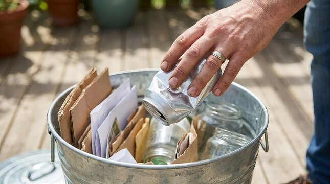 A hand drops salvaged metal cans and papers into a metal bucket.