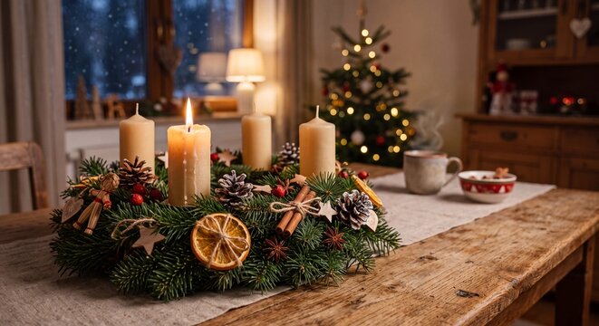 Weihnachtsdekoration mit brennenden Kerzen auf dem Tisch
