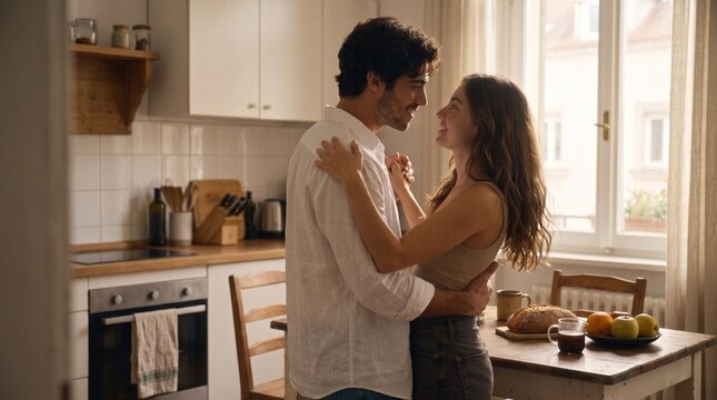 Young couple dancing romantically in a sunlit kitchen, sharing a tender moment