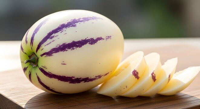 Whole and sliced pepino melon with purple stripes on a wooden board in soft natural light