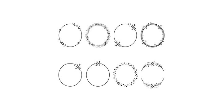 Sparkling star circle frame collection in black ink provides elegant borders for social media and greeting cards.